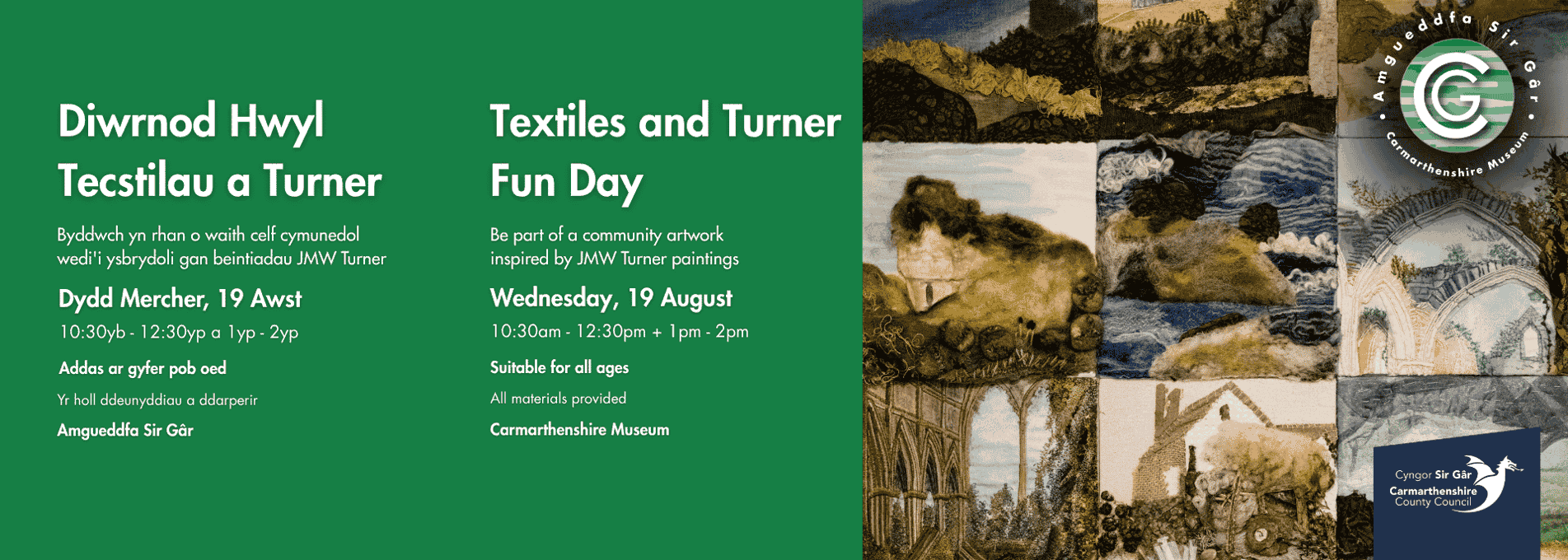 Promotional poster for Textiles and Turner Fun Day at Carmarthenshire Museum on 19 August