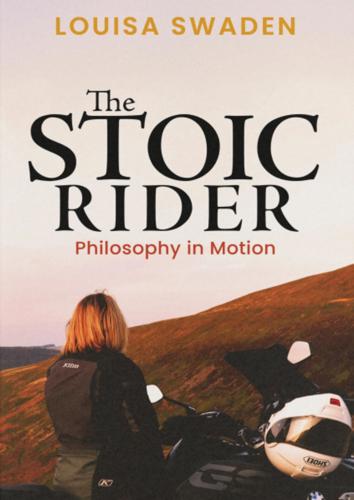 Book cover photo with Louisa Swaden sitting on a motorbike looking towards a mountain at sunset