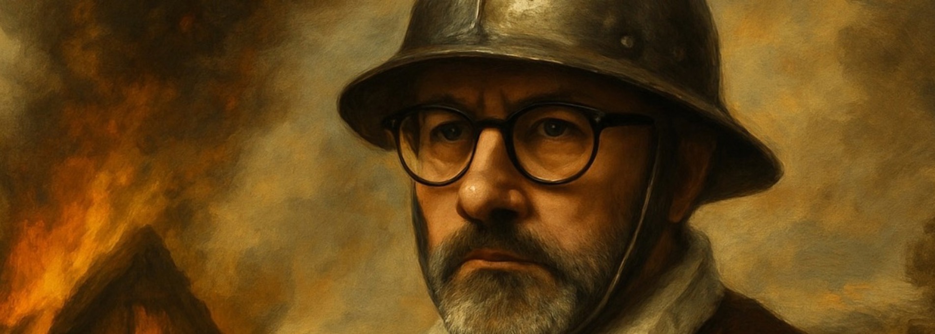 Illustration of a man with a beard in a metal helmet