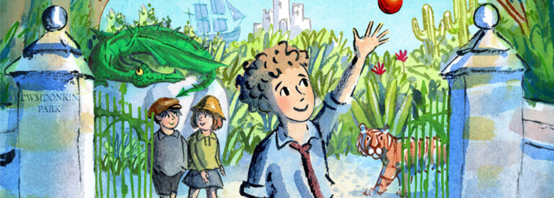 Book cover for Dylan's Park showing a boy reaching for a red ball in front of park gates with a dragon and tiger nearby.
