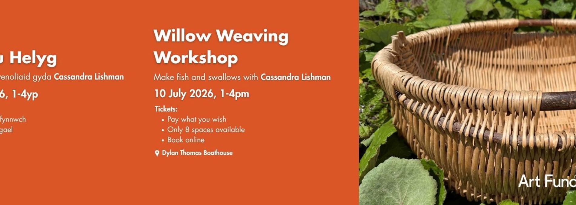 Promotional flyer for a Willow Weaving Workshop at Dylan Thomas Boathouse on 10 July 2026, featuring a woven basket.