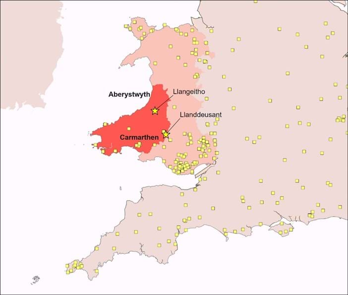 Map 1. This map shows West Wales in the context of western Britain. Yellow squares mark the locations of Late Bronze Age hoards (Contains Ordnance Survey data licensed under the Open Government Licence v3.0)