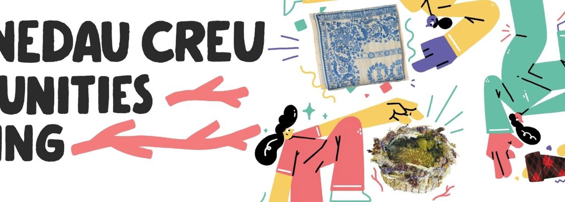 Communities of Making Logo with cartoon figures playing with images of craft objects